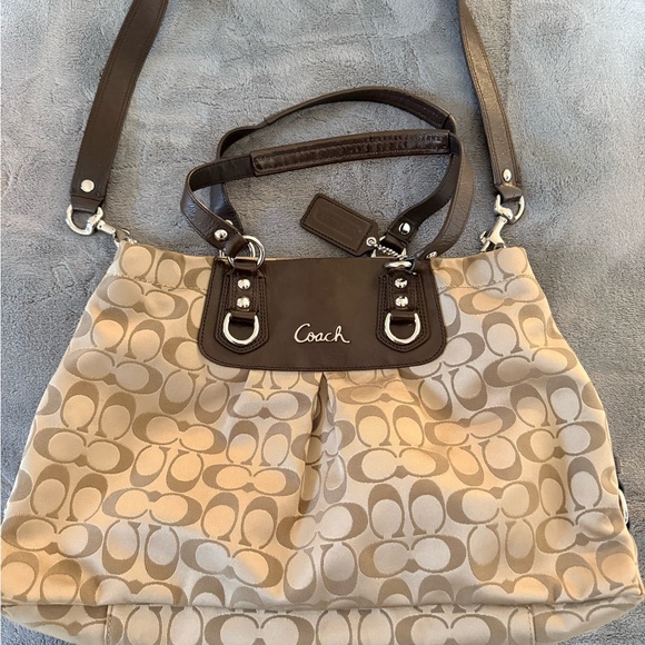 Coach Handbags - Coach Tan and Brown Signature Shoulder Bag excellent condition, satin bag